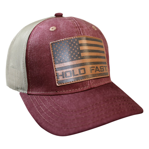 flag-burgundy-leather-religious-cap-hold-fast